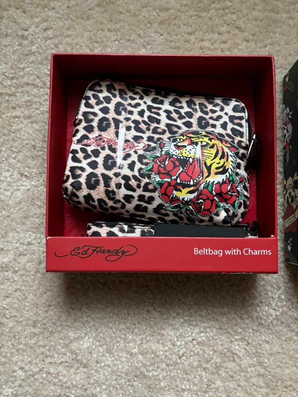Ed Hardy Leopard Print Crossbody Bag with Red Rose & Yellow Tiger Graphic